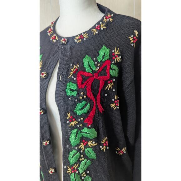 Vintage B.P. Designs black embroidered Christmas holiday sweater cardigan size L - Picture 2 of 10
